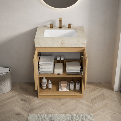 FINO 24" Bathroom Vanity&Sink,Freestanding Cabinet,Cream Gold Vein Sintered Stone Top&Ceramic Basin with 3 Pre-drilled Faucet Holes, Disassembled, Faucet & Drain Excluded, Corolla Oak Woodgrain Color