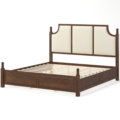 King Size Farmhouse Solid Wood Platform Bed Frame, with 50.8" Tall Beige Linen Upholstered Headboard, decorative turned bed posts, No Box Spring Needed, Walnut