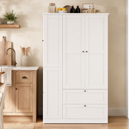TOPMAX 73.6" Tall Farmhouse Kitchen Pantry Cabinet with 8 Shelves, 2 Drawers, 3 Pull-Out Trays, 4 Doors and Side Cabinets, White