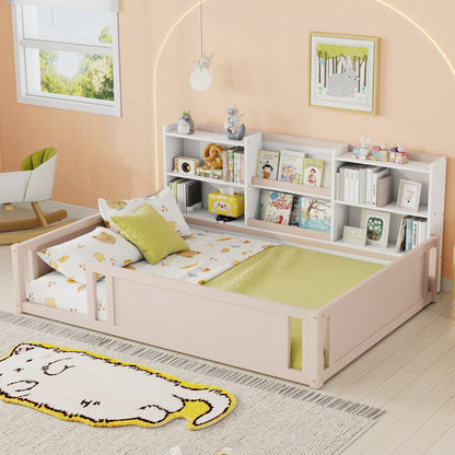 Full Size Wooden Platform Floor Bed with Guardrail Fence and Convenient Side Storage Shelves, Space-Saving Kids Bed Frame,Nude and White