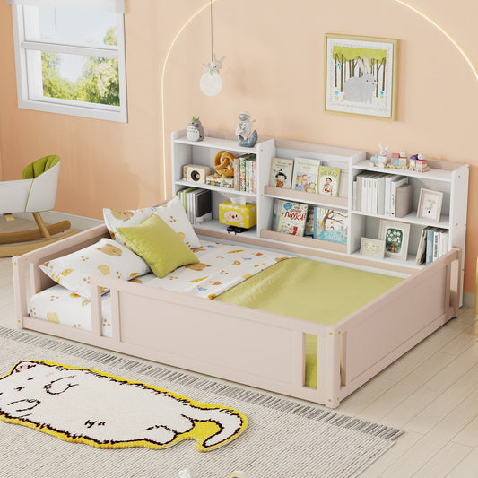 Full Size Wooden Platform Floor Bed with Guardrail Fence and Convenient Side Storage Shelves, Space-Saving Kids Bed Frame,Nude and White
