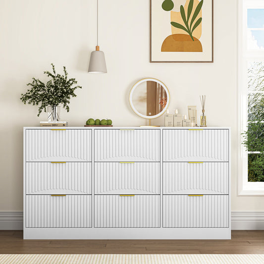 White 9 Drawer Dresser, 63" Large Deep Chest of Drawers, Wooden Dresser Storage Cabinet with 9 Drawers, Long Dressers – Model W409P307539