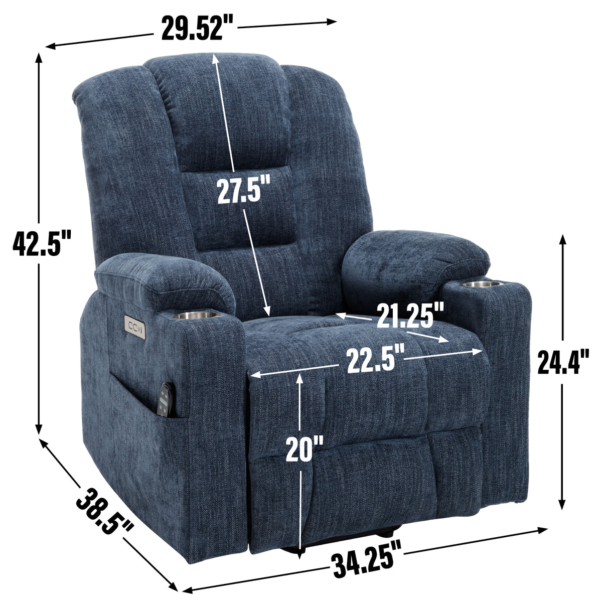 Power Lift Recliner Chair with Massage and Heat for Elderly, Overstuffed Wide Recliners, Heavy Duty Motion Mechanism with USB and Type C Ports, 2 Steel Cup Holders, Blue