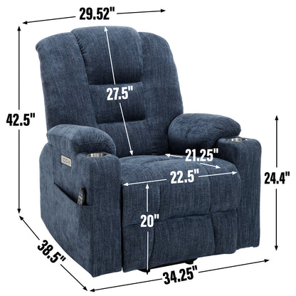 Power Lift Recliner Chair with Massage and Heat for Elderly, Overstuffed Wide Recliners, Heavy Duty Motion Mechanism with USB and Type C Ports, 2 Steel Cup Holders, Blue