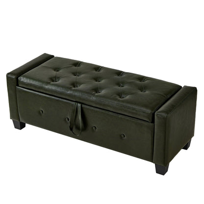 48" Ottoman Bench with Storage, Upholstered Tufted Faux Leather PU Ottoman Dark Green