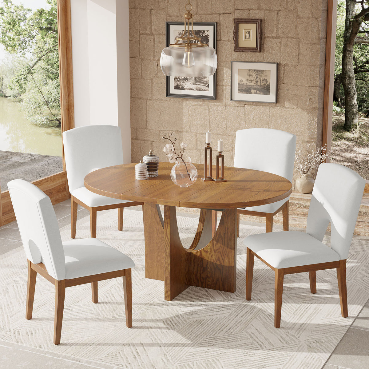 TOPMAX Modern 5-Piece Extendable Round Dining Table Set with 16.2inch Removable Leaf for Small Places, Walnut