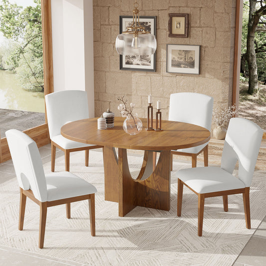 TOPMAX Modern 5-Piece Extendable Round Dining Table Set with 16.2inch Removable Leaf for Small Places, Walnut