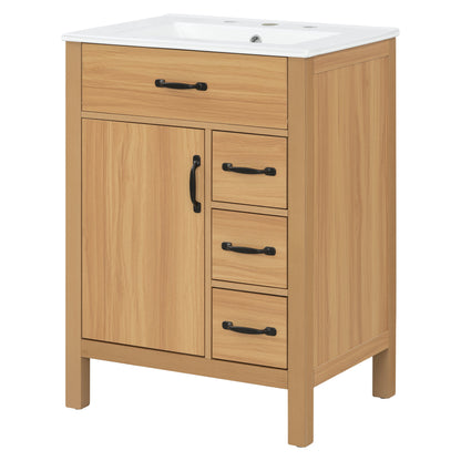 24 Inch Modern Traditional Bathroom Vanity with Ceramic Sink, MDF Cabinet & Solid Wood Legs, Black Zinc Alloy Handles, Wood Grain Melamine Finish