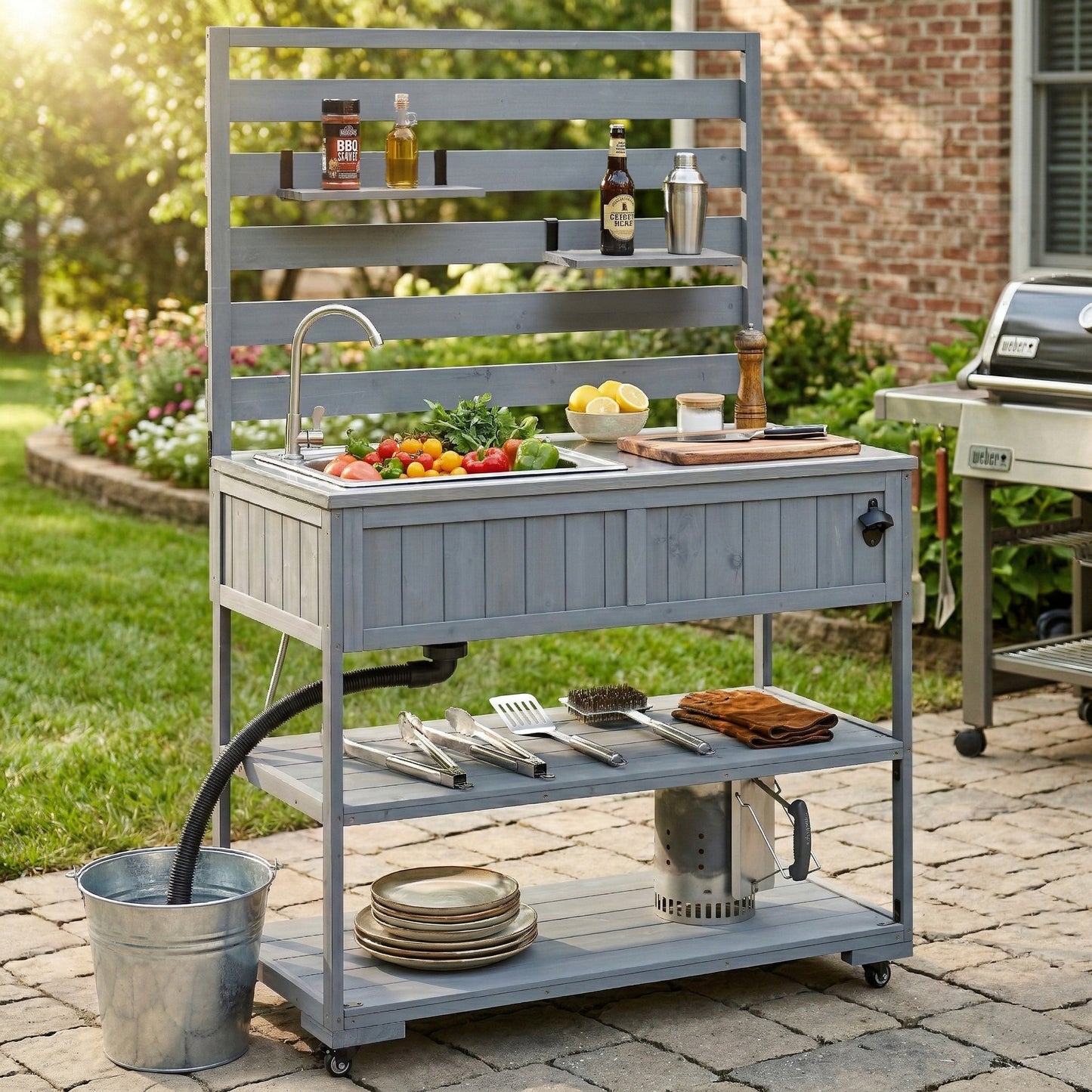 (With Assembly Video) TOPMAX 41.7'' Large Patio Rolling Kitchen Island Solid Wood Kitchen Cart with Sink, Garden Potting Bench with Stainless Table Top, 2 Movable Shelves and 1 Bottle Opener,Gray