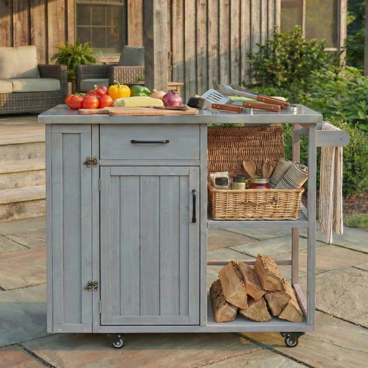 Outdoor Kitchen Island Fir Wood Prep Station with Stainless Steel Top, Lockable Wheels, Ample Storage, Towel & Spice Racks, Grey