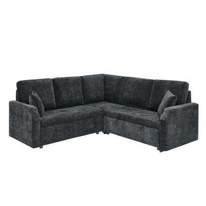 81.2'' Modular Sectional Sofa with Pull Out Bed, 5-Seater L Shaped Sectional Sleeper Couch with Hidden Storage, Chenille Convertible Couches for Living Room, Apartment (Black)