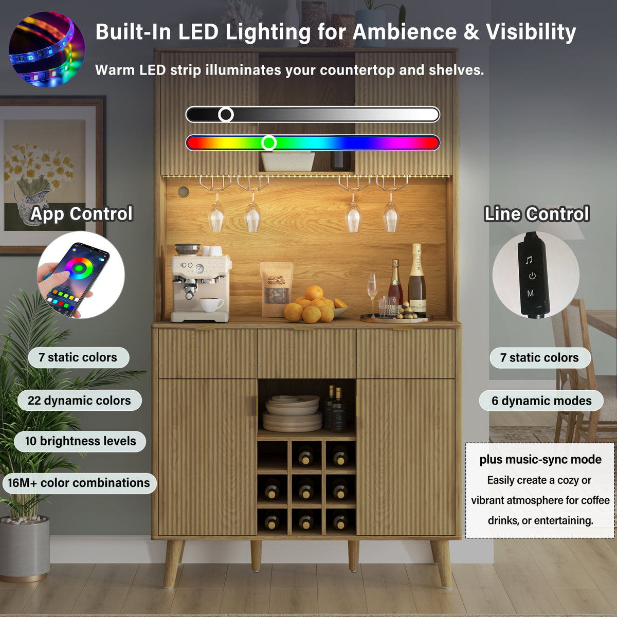 U_Style 72.2" High Kitchen or Bar Cabinet with Electrical Outlet and LED Light, Wine Bottle Storage with Nine-Grid Wine Rack,Multi-Functional Home Sideboard for Dining Room, and Hallway