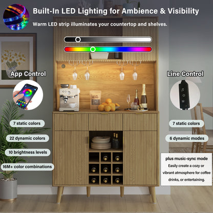 U_Style 72.2" High Kitchen or Bar Cabinet with Electrical Outlet and LED Light, Wine Bottle Storage with Nine-Grid Wine Rack,Multi-Functional Home Sideboard for Dining Room, and Hallway