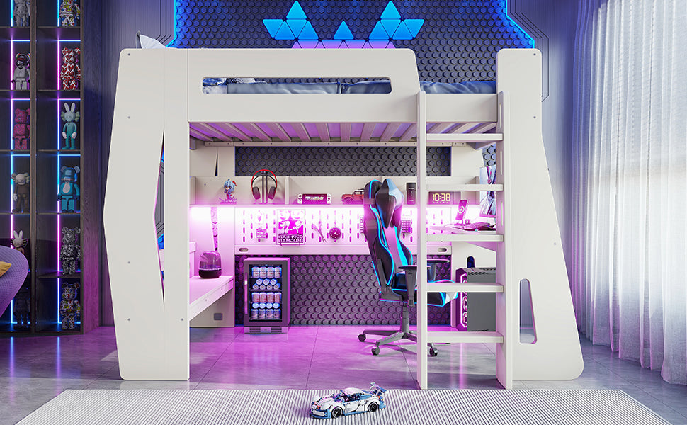 Twin/Full Size Gaming Loft Bed, All-in-One Gaming Bed with Desk, Gaming Bed with Storage, Gaming Loft Bed with Led Light, Esports Style Loft Bed Frame for Teens, Space Saving Loft bed.Beige
