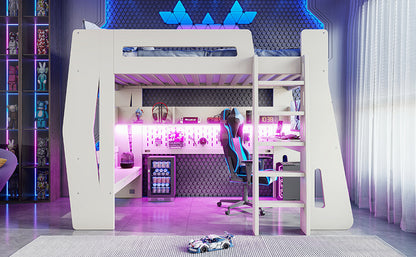 Twin/Full Size Gaming Loft Bed, All-in-One Gaming Bed with Desk, Gaming Bed with Storage, Gaming Loft Bed with Led Light, Esports Style Loft Bed Frame for Teens, Space Saving Loft bed.Beige