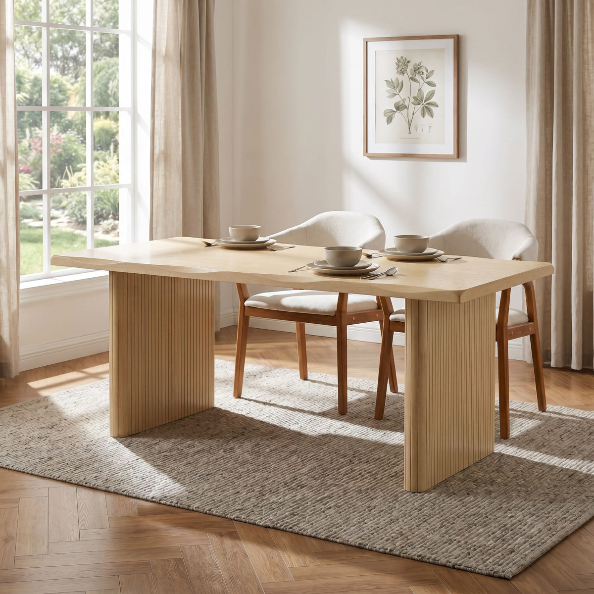 Natural Oak Veneer Dining Table with Ribbed Rubber Wood Legs, 68.75' L Scalloped-Edge Indoor Table in Warm Natural Finish, MDF Top with Oak Veneer