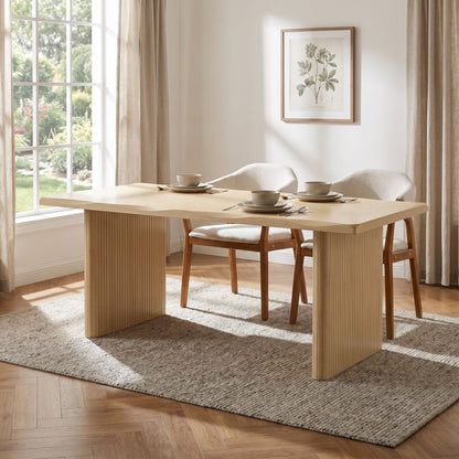 Natural Oak Veneer Dining Table with Ribbed Rubber Wood Legs, 68.75' L Scalloped-Edge Indoor Table in Warm Natural Finish, MDF Top with Oak Veneer