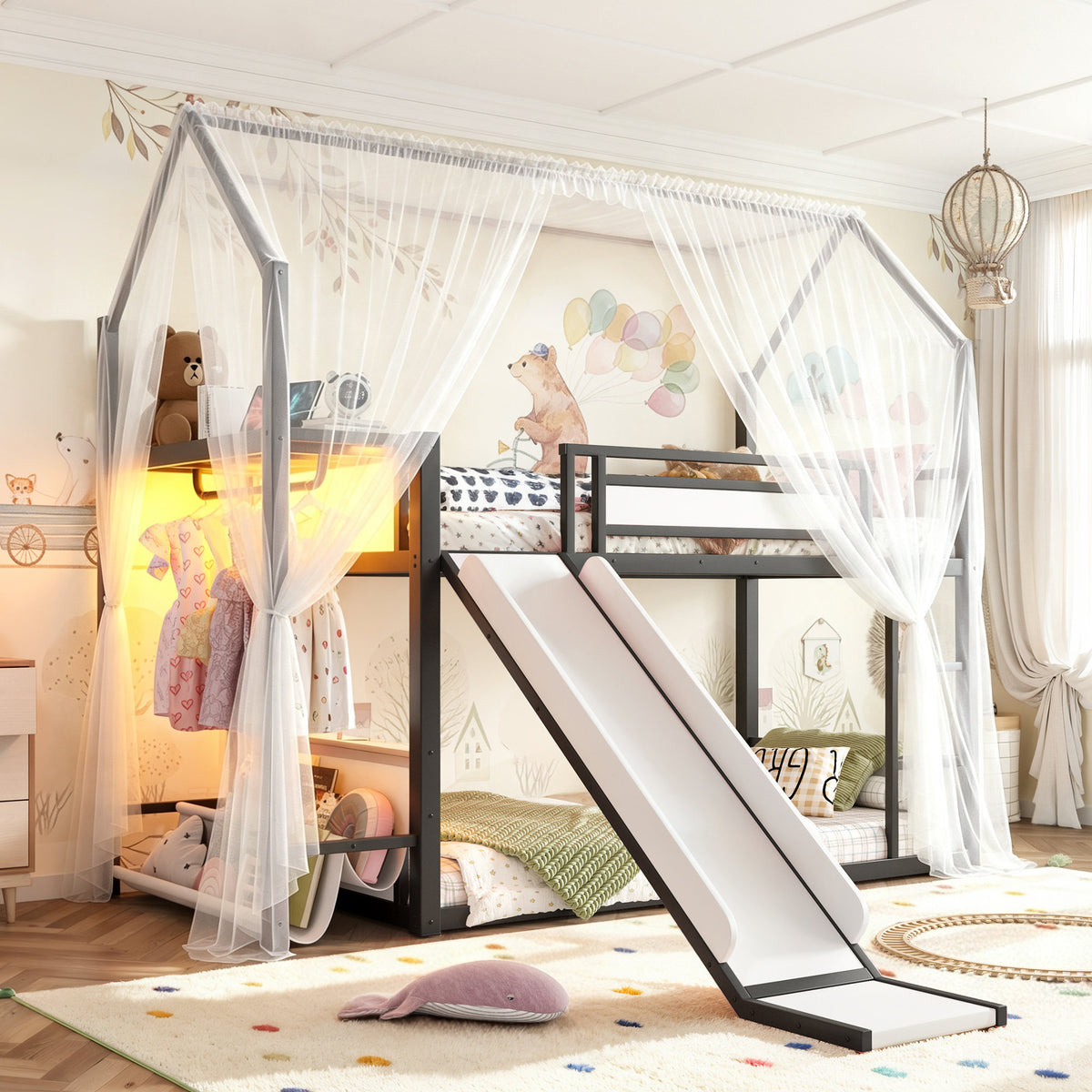 Twin Over Twin Metal Bunk Bed with Slide, LED Clothing Hanging Area, Fabric Storage Shelf & Power Outlet, Childlike Playhouse bunk bed Frame with low-profile design for Kids Girls,boys, Black