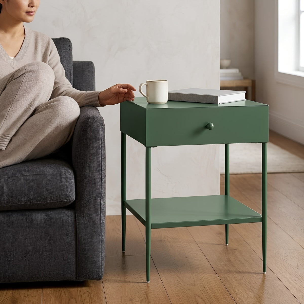 Colette Vintage Green Metal 1-Drawer Nightstand with Bottom Shelf & Tapered Legs