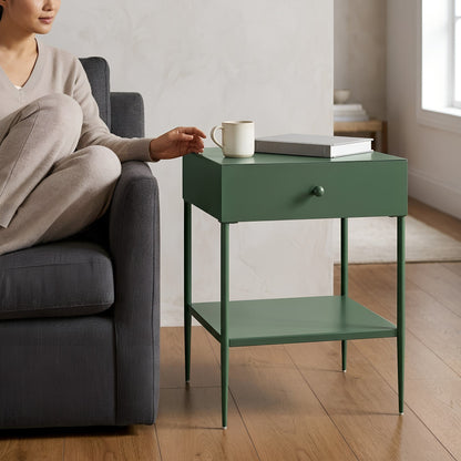 Colette Vintage Green Metal 1-Drawer Nightstand with Bottom Shelf & Tapered Legs