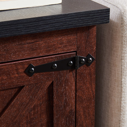Farmhouse end table Nightstand Rectangular Farmhouse End Table with Barn Door and Adjustable Storage Shelf, Rustic Sofa Side Table, OAK