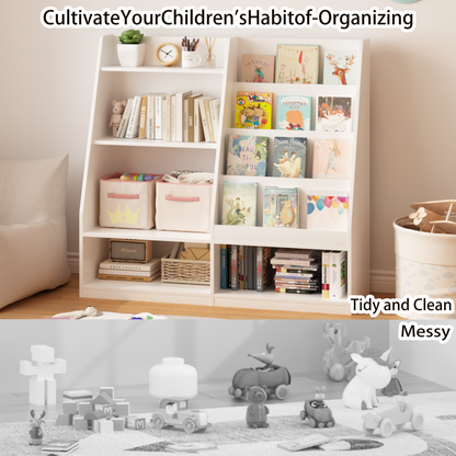 Kids Bookshelf and Toy Storage Organizer, Multifunctional 4 Tier Wooden Kids Book Shelf with Bookcase Display Stand in Kids Room Playroom Nursery for Kids, Children, Toddlers (White)
