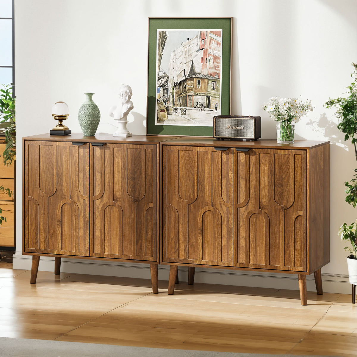 Farmhouse Style Sideboard Buffet Cabinet with Storage, Walnut Wood Coffee Bar Cabinet, 31.5" W