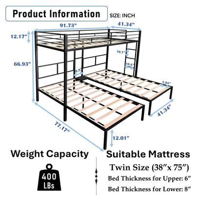 Triple Bunk Bed/ Sturdy Metal Frame/ Anti Noise/ Squeak Free/ Wooden Slats/ No Box Spring Needed