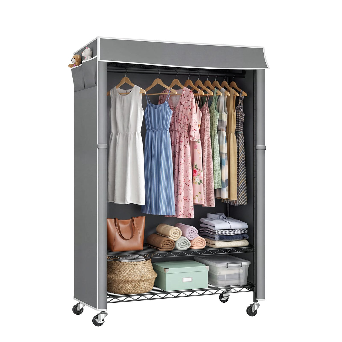 Clothes Rack with Cover, Rolling Clothes Rack, Heavy Duty Garment Rack with Shelves & Grey Cover, Clothes Rack with Side Pocket, Portable Closets for Hanging Clothes, 45''W×15.7''D×72.83''H, Black