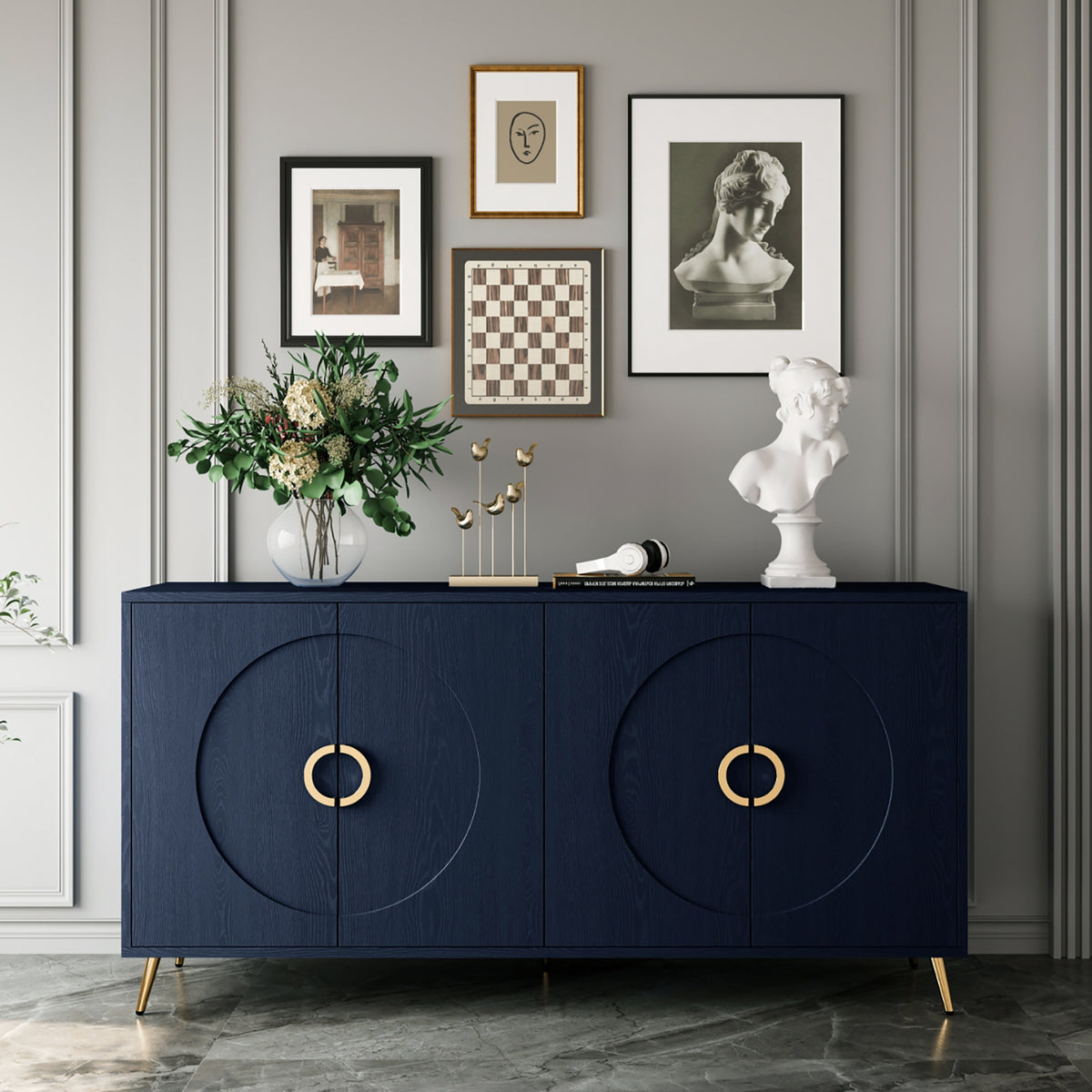 Modern Lacquered 4 Door Wooden Cabinet Sideboard Buffet Server Cabinet Storage Cabinet, for Living Room, Entryway, Hallway, Office, Kitchen and Dining Room, Navy Blue