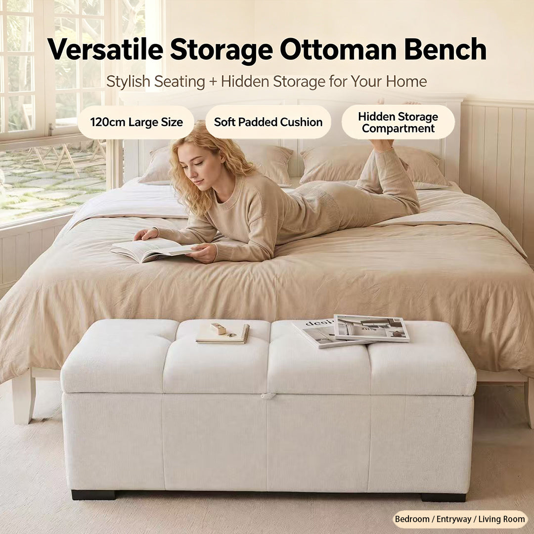 Modern Bed End Bench, Upholstered Storage Sofa Stool, Rectangular Storage Ottoman, Storage Ottoman Suitable for Bedroom, Living Room and Office.Beige