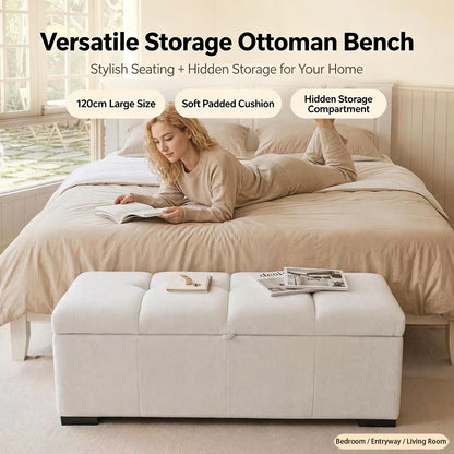 Modern Bed End Bench, Upholstered Storage Sofa Stool, Rectangular Storage Ottoman, Storage Ottoman Suitable for Bedroom, Living Room and Office.Beige