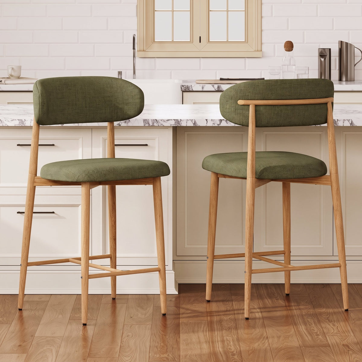 Counter Height Bar Stools Set of 2, Upholstered Counter Stools Modern Barstools with Metal Legs for Kitchen Island Dining Room, Green