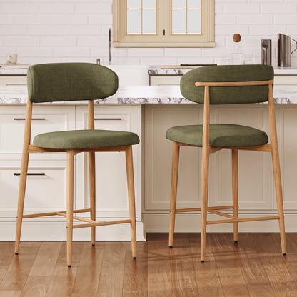 Counter Height Bar Stools Set of 2, Upholstered Counter Stools Modern Barstools with Metal Legs for Kitchen Island Dining Room, Green