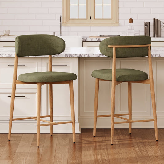 Counter Height Bar Stools Set of 2, Upholstered Counter Stools Modern Barstools with Metal Legs for Kitchen Island Dining Room, Green