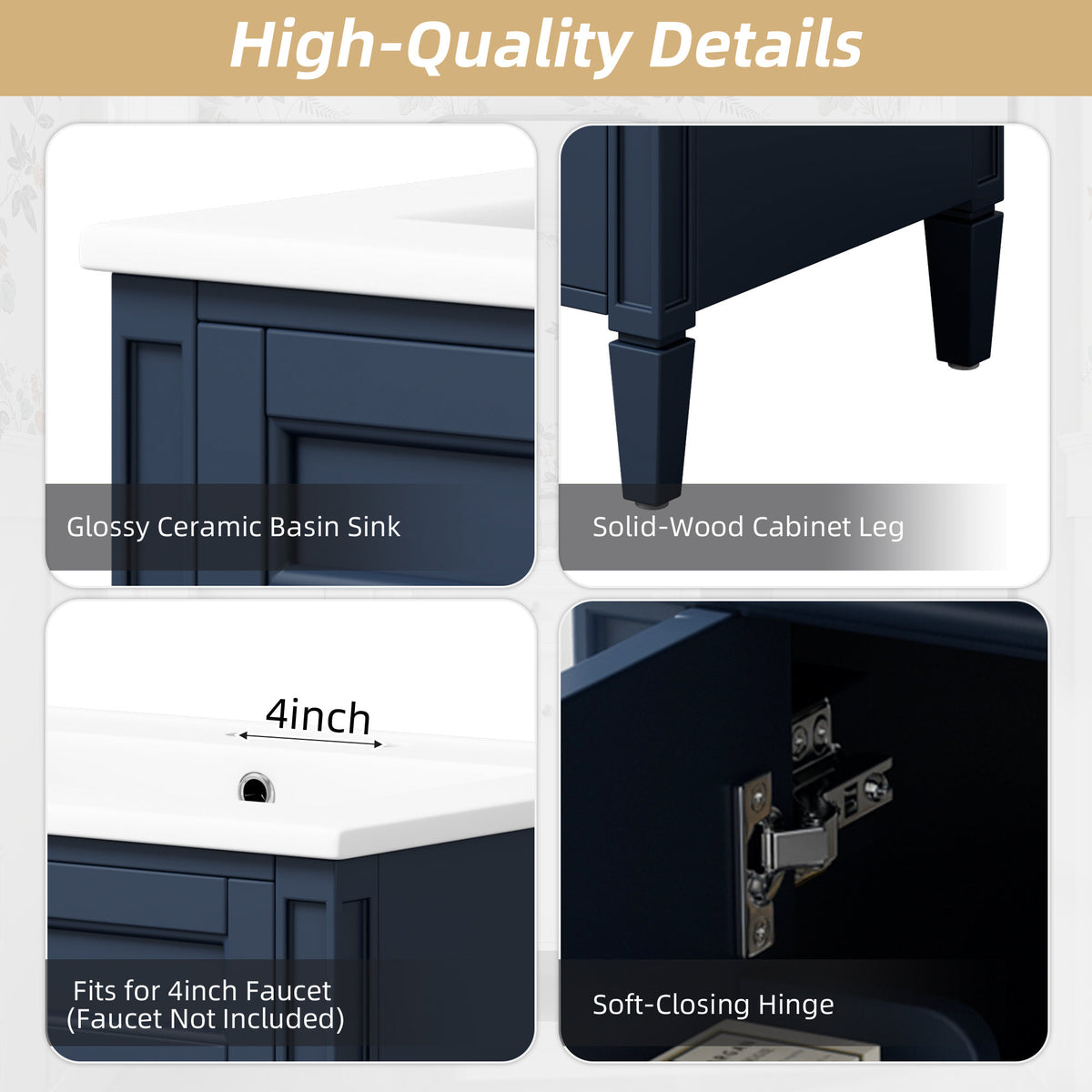 Modern Blue Bathroom Vanity with 2 Doors and Tip-Out Drawer, Ceramic Sink, Soft-Closing Hinges, Solid Wood Frame, 24'