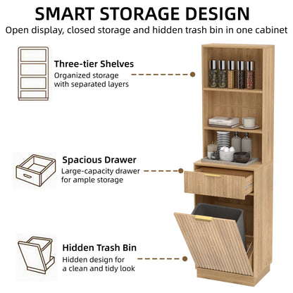 Tall Narrow Fluted Storage Cabinet with 10-Gallon Hidden Trash Bin Compartment, Freestanding Cabinet, Fixed Open Shelves & Drawer, Anti‑Tip for Kitchen Home‑Office Living Room (Trash Can NOT Included)