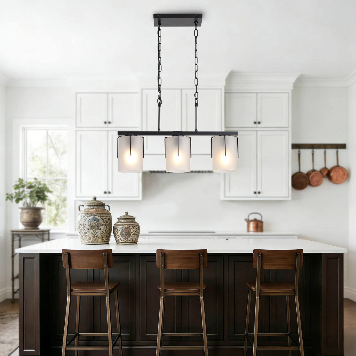 Minimalist 3-Light Linear Chandelier, Matte Black Pendant Lighting with Frosted Glass Shades, E26 Base Adjustable Ceiling Fixture