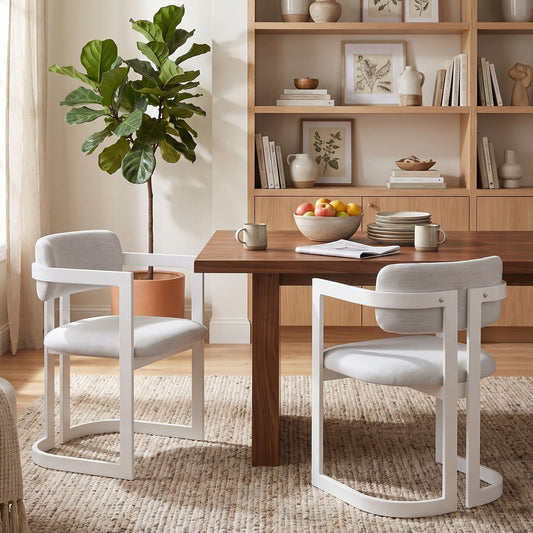 Upholstered Dining Chairs Set of 2, Fabric Armchairs with Beige Seating White Metal Frame, 265 LBS Weight Capacity