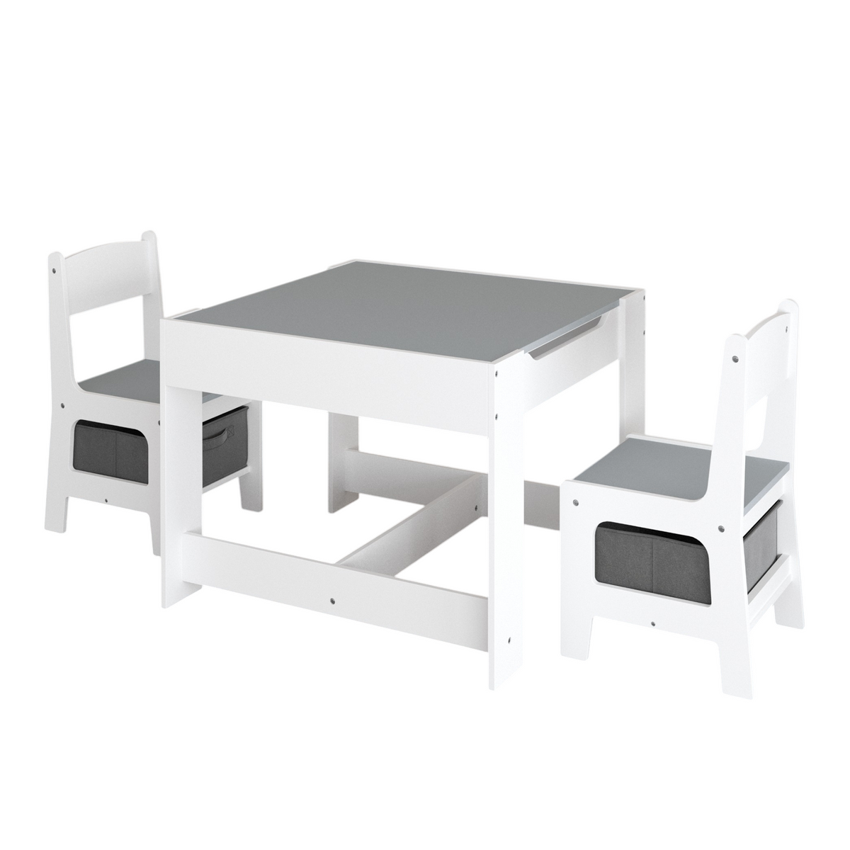 Kids Table and Chair Set, 3-in-1 Wooden Activity Table with Storage Drawer for Toddlers Drawing, Reading, Crafts, 2-in-1 Detachable Top in White+Gray MDF