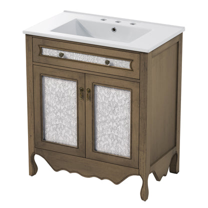 30' Antique Pattern Bathroom Vanity with Rectangle Ceramic Sink, Bathroom Vanity Cabinet with Tip-Out Tray / Flip-Out Drawer, Equipped with Antique Handles and Rubber Wood legs, Vintage Light Brown