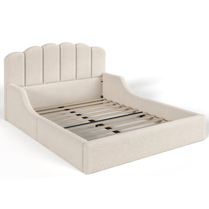 Queen Teddy Fabric Upholstered Floor bed, Stylish Upholstered Kids bed, Low Profile Children Bed Frame, Soft Plush Upholstered Floor bed for Kids &Teens.Beige
