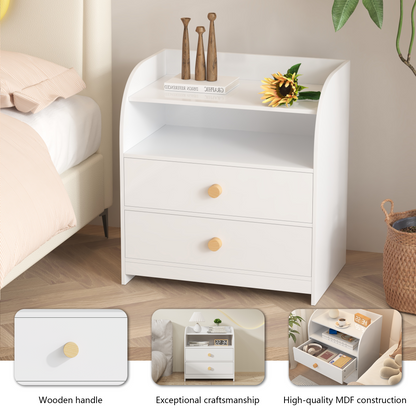 White Nightstand with 2 Drawers and Open Shelf, MDF Bedside Table with Curved Side Panels, Modern End Table for Bedroom, Kids Room, Nursery, Living Room, Storage Cabinet for Adults and Children