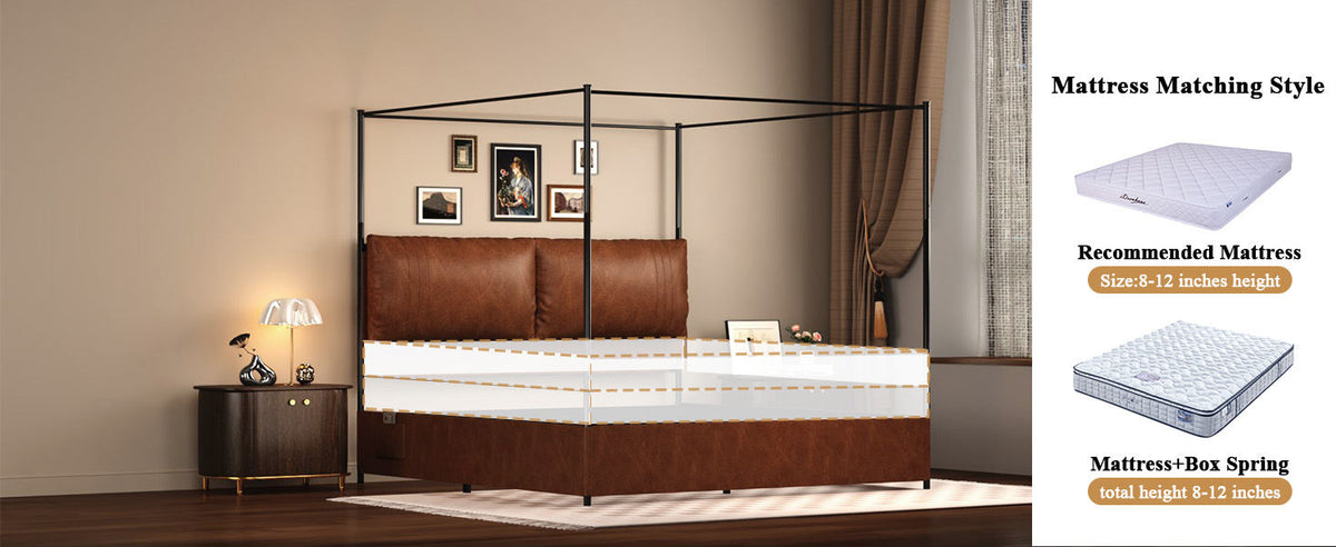 Queen Canopy Bed Frame,  Faux Leather Upholstered Bed with Metal Frame, Four Poster Platform Bed, No Box Spring Needed, Rustic Brown