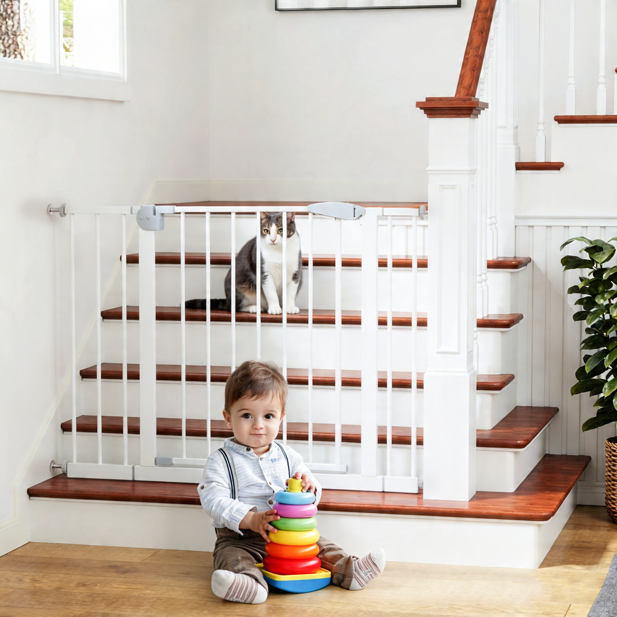 29.5-44.1" Wide Baby Gate for Stairs, Dog Gate Indoor for Doorways, No Drilling Pressure Mounted Pet Gates for Kids, Easy Walk Through Safety Gate, White