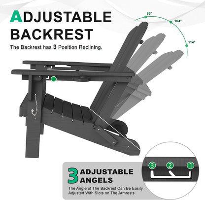 Adjustable HDPE Adirondack Chair, Grey, 3-Position Reclining ,Foldable, Cup & Phone Holders, All-Weather Outdoor