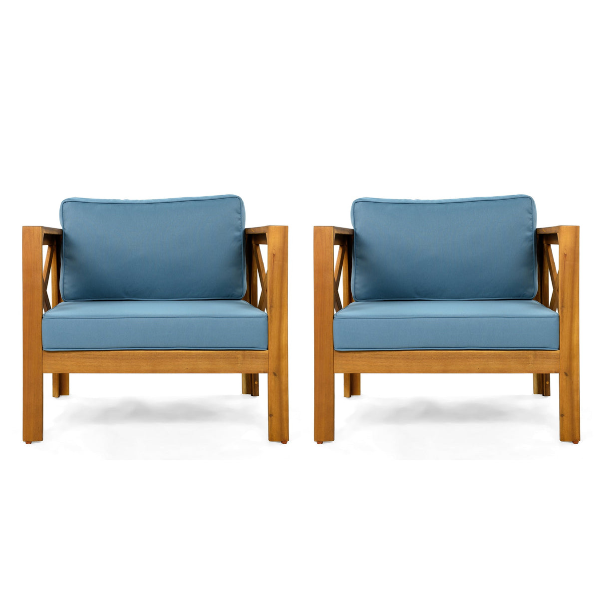 Outdoor Acacia Wood Club Wooden Armchair with Cushions (Set of 2), Conversation Set,Teak Finish,Blue cushion