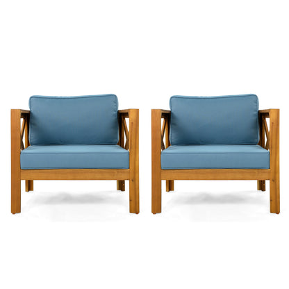 Outdoor Acacia Wood Club Wooden Armchair with Cushions (Set of 2), Conversation Set,Teak Finish,Blue cushion