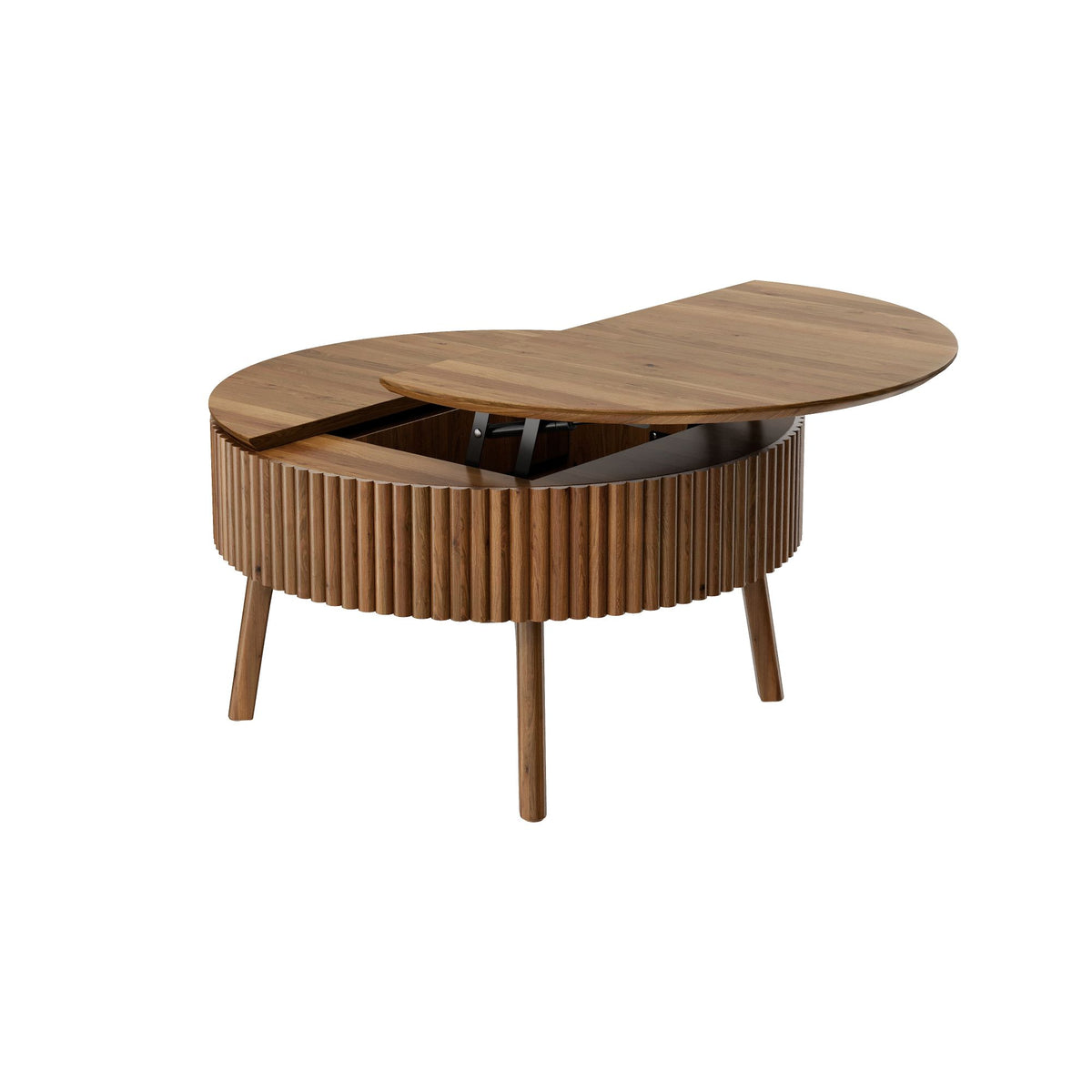 Modern Round Lift-Top Coffee Table with Half Flip-Top & Hidden Storage, Solid Wood Mid-Century Coffee Table with Fluted Design, 30.3' Walnut Space-Saving Center Table for Living Room