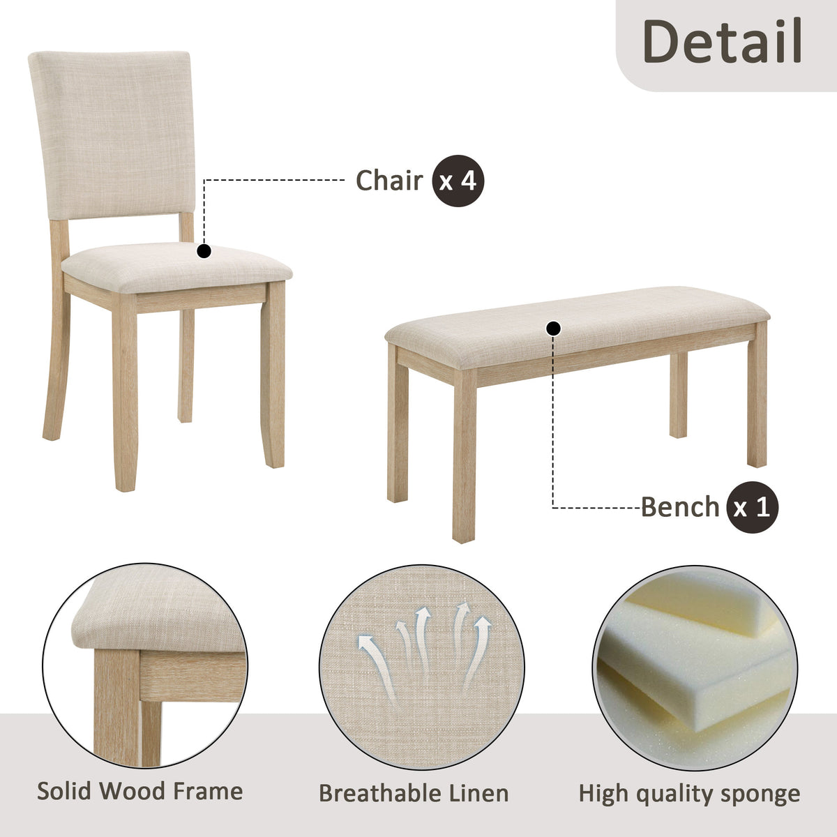 6 Piece Dining Table Set with Bench, Wooden Rectangular Kitchen Table Set with Bench and 4 Upholstered Chairs, Light Oak & Beige